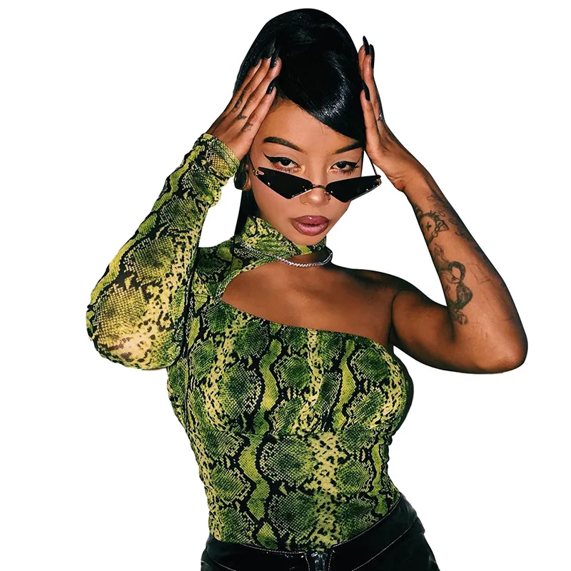 

Jumpsuit Rompers Bodysuits Serpentine Print Printed Slim Women One-Shoulder Sleeve Sexy Backless Snake Casual Wear Femme 2021