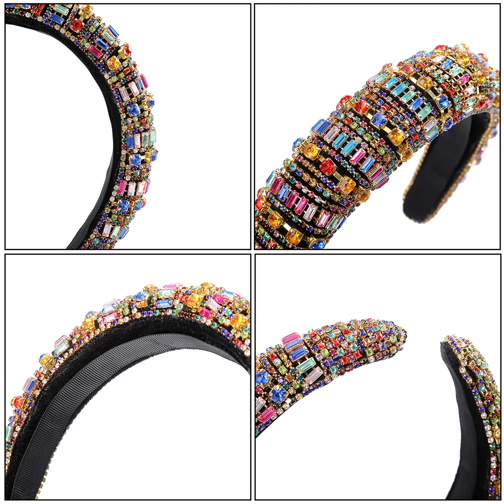 

Rainbow Bejeweled Padded Headbands Fashion Luxurious Rhinestones Sponge Hairbands for Women Sparkly Novelty Headbands