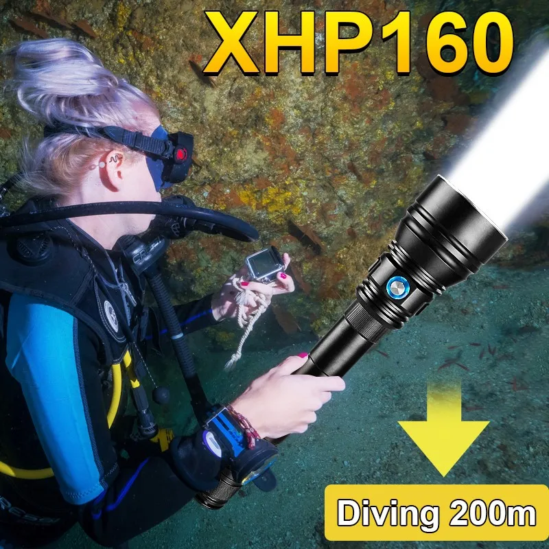 저렴한 새로운 XHP160 전문 다이빙 손전등 IPX8 방수 플래시 라이트 200M 수중 램프 LED 랜턴 충전식 다이브 토치