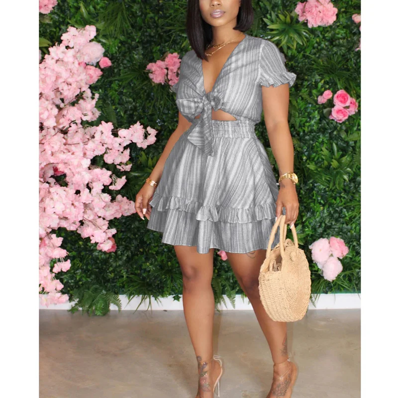 

New Trendy Fashion Sexy Elegant Women Fungus Sleeve V Neck Hollow Out Front Mini Dress Striped Dresses