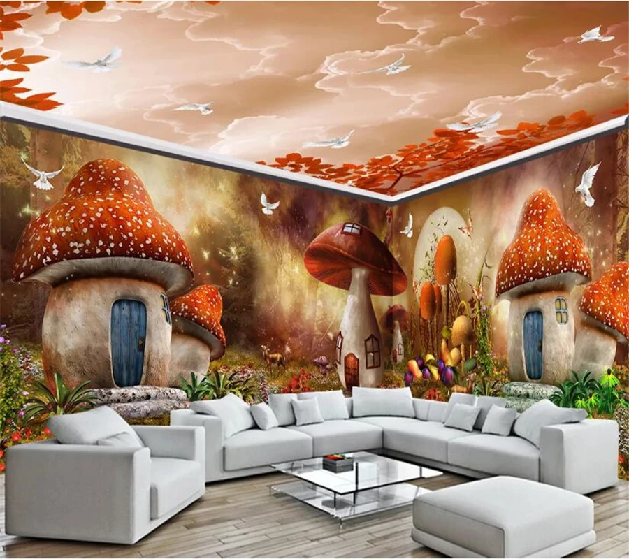 

beibehang High-end wallpaper 3D large super beautiful dream fairytale mushroom house forest full house custom background wall