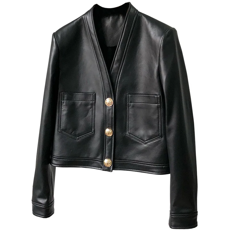 

First Layer Sheepskin Leather Jacket Female Leather Coat Jacket V-neck Short Section Fashion New Fashion Autumn