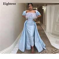 eightree sky blue long 2021 saudi arabia prom party dresses train sleeves satin feather tea length mermaid formal evening gowns