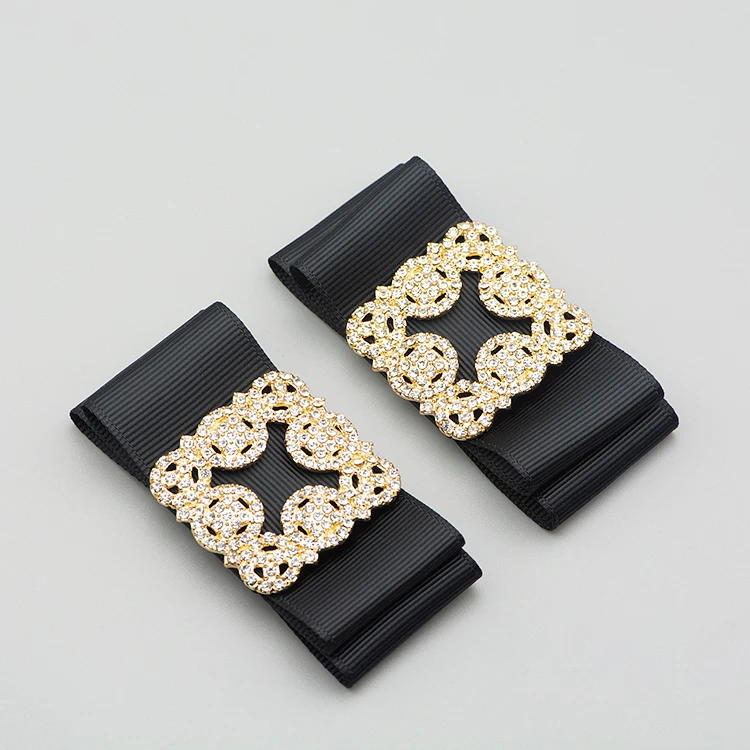 1 Pair Ribbon Rhinestone Buckle Shoe Accessories Woman Ladies Black Bow Shoe Clips Decoration Removable Shoes