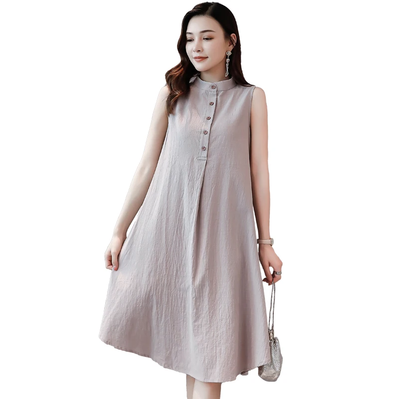 Женское свободное платье-рубашка без рукавов повседневное однотонное