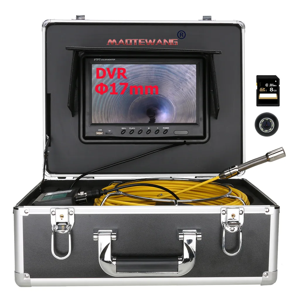 

MAOTEWANG 50M Sewer Pipe Inspection Video Camera, 17mm 8GB Card DVR IP68 Drain Sewer Pipeline Industrial Endoscope 9" Monitor