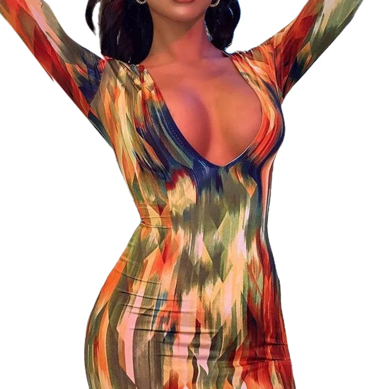 

Для женщин сексуальный глубокий v-образный вырез, обернутая Шея печатная плиссированная облегающее платье с длинным рукавом платье миди Дл...