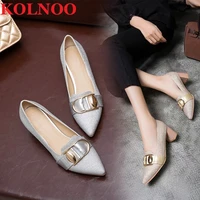 kolnoo new womens handmade thick heels pumps nubuck slip on matel buckle deco pointed toe large size us5 15 fashion court shoes