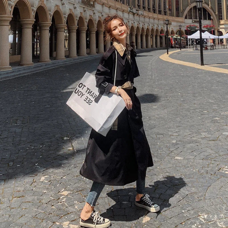 

2020 New Autumn Mid-Length Windbreaker Women British Style Plaid Patchwork Double Breasted Classic High Quality Trench Coat