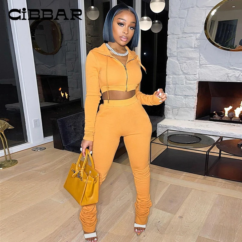 

CIBBAR Solid Simple Two Piece Set Women Skinny Casual Sporty Long Sleeve Zipper Tops+Sheath Slim Pants Activewear Outfits Autumn