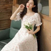 white apricot french long a line skirt small fresh sweet fairy square neck puff sleeve floral dress female summer new style