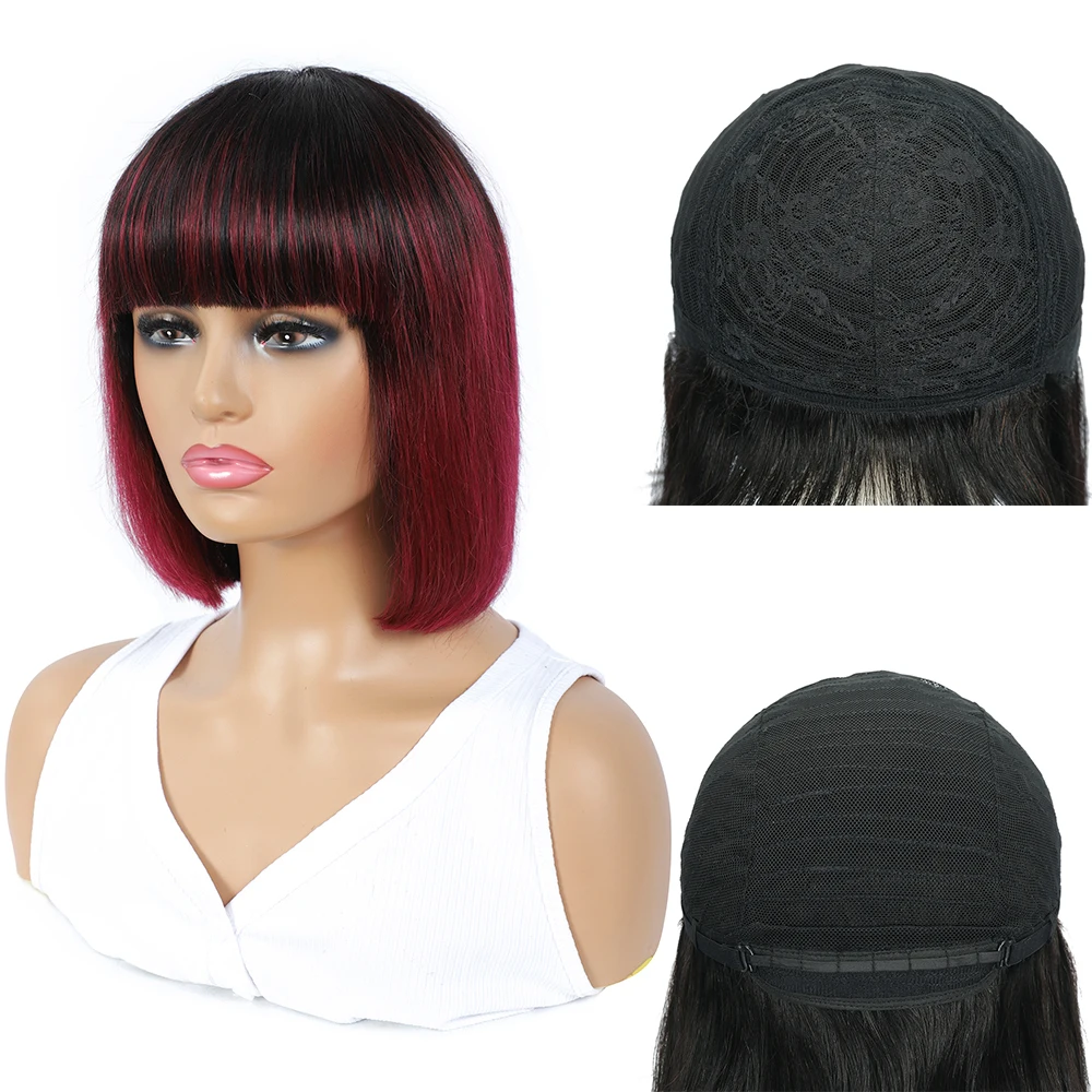 

Colored Straight Bob Wig with Bangs Remy Ombre Human Hair Wigs with Bangs for Women Brazilian Full Machine Wigs Highlight Brown