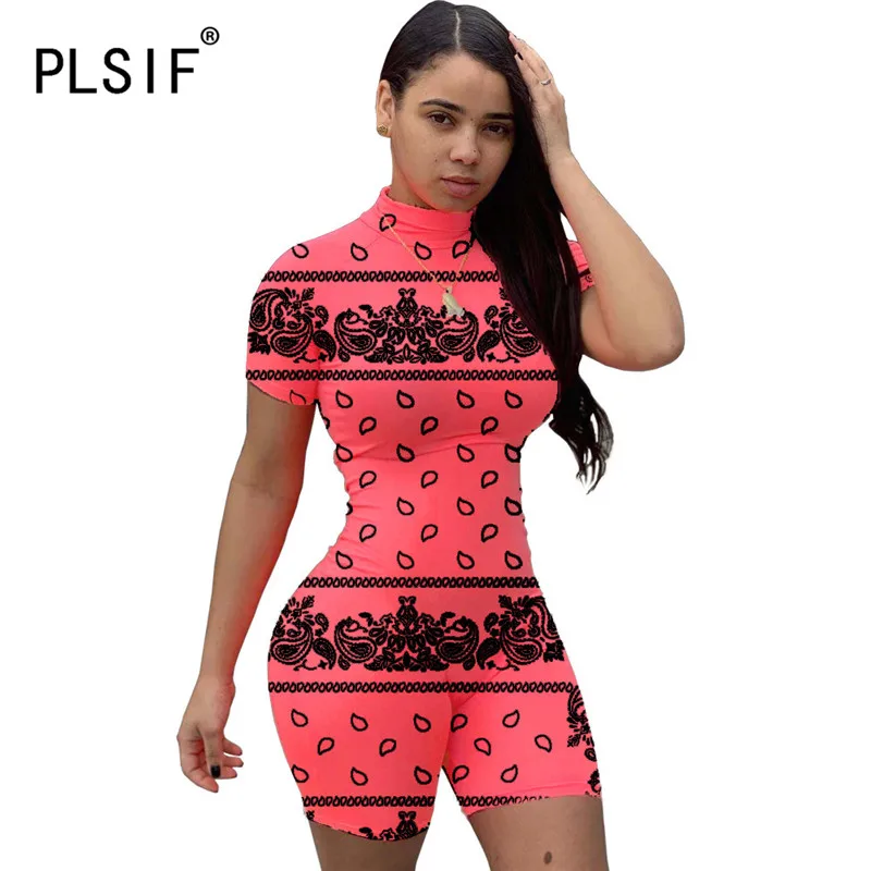 Женский слитный комбинезон с круглым вырезом и принтом|Комбинезоны c шортами| |