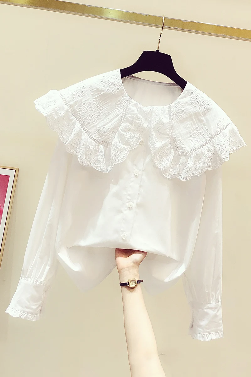 

Spring 2021 New White Shirt Women's Doll Collar Design Sense All-Match Long Sleeve Pure Cotton Western Style Top Fashion Blouse