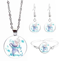 mermaid art photo jewelry set cabochon glass pendant necklace earring bracelet totally 4 pcs for womens fashion party gifts