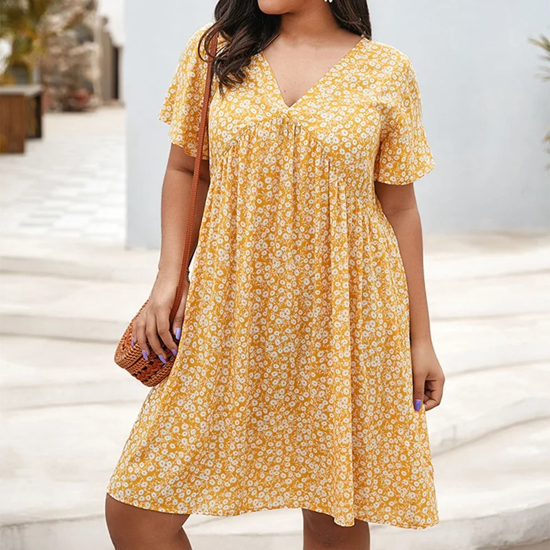 

Floral Print Boho Dress Summer Plus Size Women Casual Loose Short Sleeve Dress Sexy V Neck Beach Dresses