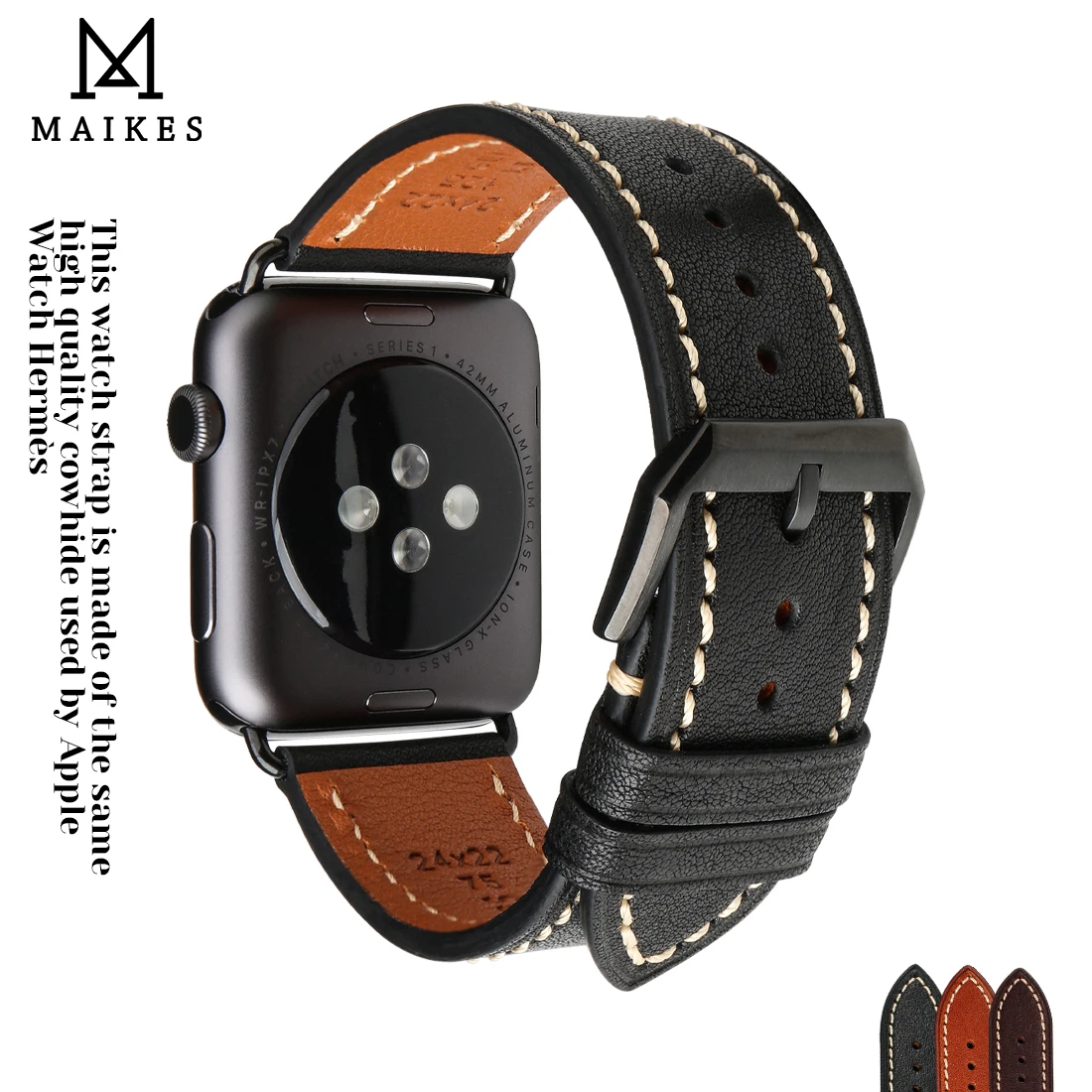 MAIKES Original Leather Band For Apple Watch Series 8 7 SE 6 5 4 3 45mm 41mm 44mm 40mm 42mm 38mm Watchband Handmade iWatch Strap