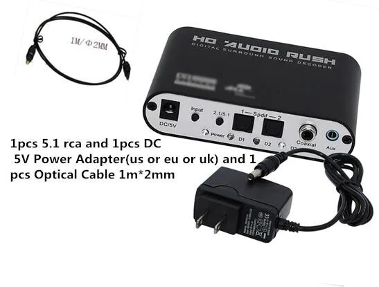 5,1 CH аудио декодер SPDIF коаксиальный к RCA DTS AC3 цифровой к 5,1 усилитель аналоговый конвертер с адаптером питания и оптическим кабелем - Цвет: 1m2mm
