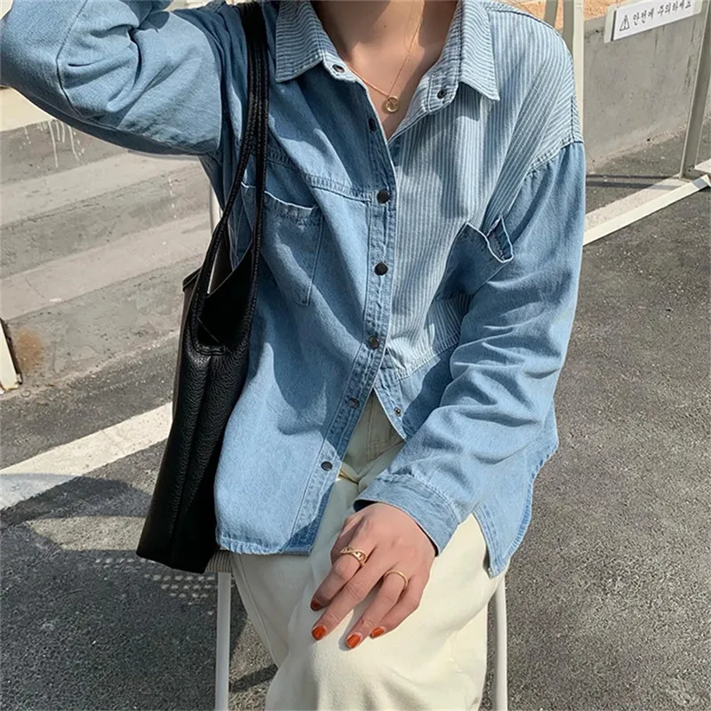 

Full Sleeves Denim Shirts OL Preppy Style Chic 2021 Cowboy Autumn Women Tops Oversized Streetwear Loose Gentle Casual