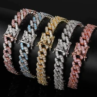 9mm wide 6 9 inch cuban chain bracelet copper rhodiumgoldrose plating pave sparkly whitebluepink zircon hip hop jewelry