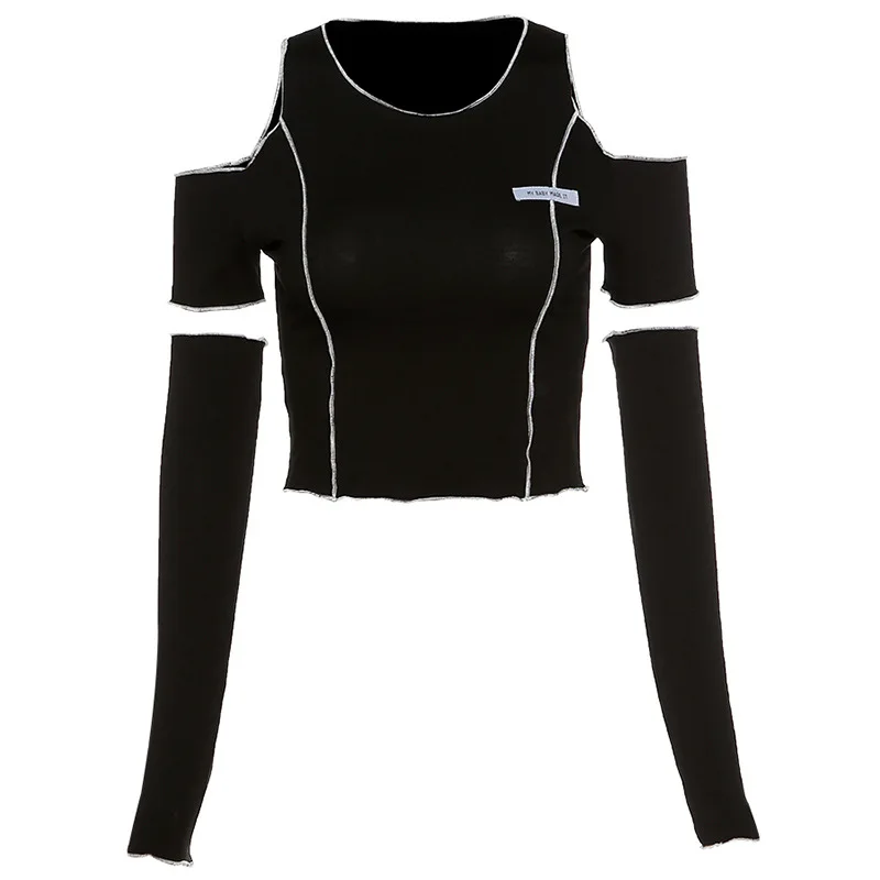 

E-Girl Style Patchwork Black T-Shirts Gothic Hollow Out Sleeve Y2k Crop Tops Ruffles Hem Hip Hop Streetwear Women Tees