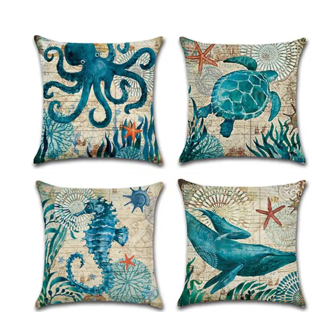 

Starfish Prints Seahorse, Sea Turtle, Octopus, Whale Cushion Cover Linen Throw Pillow Car Home Decoration Pillowcase