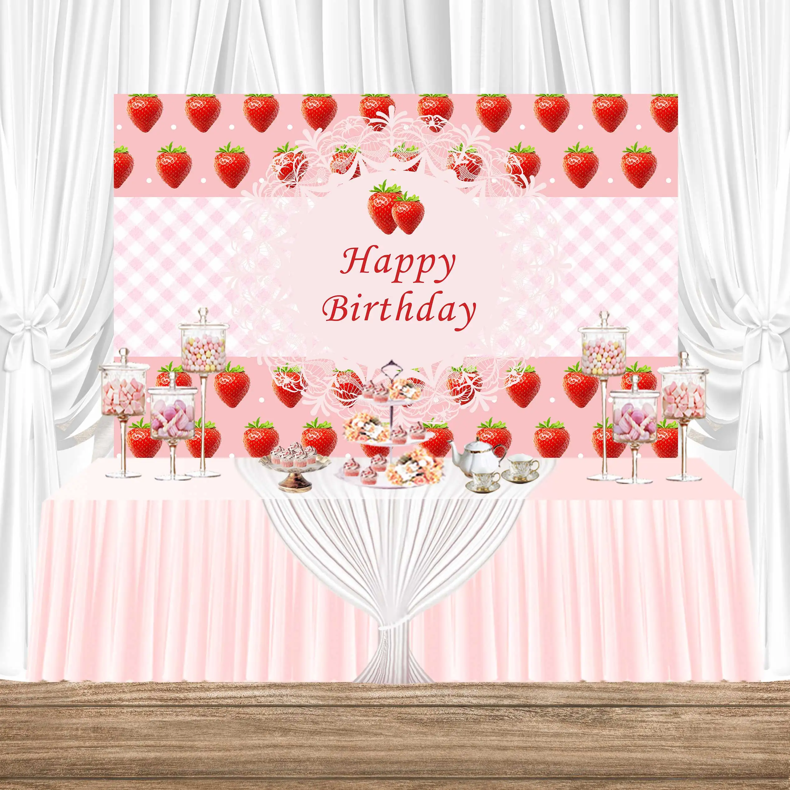

Girl Photo Photography Strawberry Picnic Party Background Cartoon Baby Shower Backdrop Sweet Fruit Birthday Child Customized