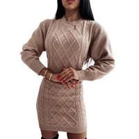 lady sweater dress solid color warm round collar twisted long sleeve dresses knitted pullovers mini pencil sweaters dress work