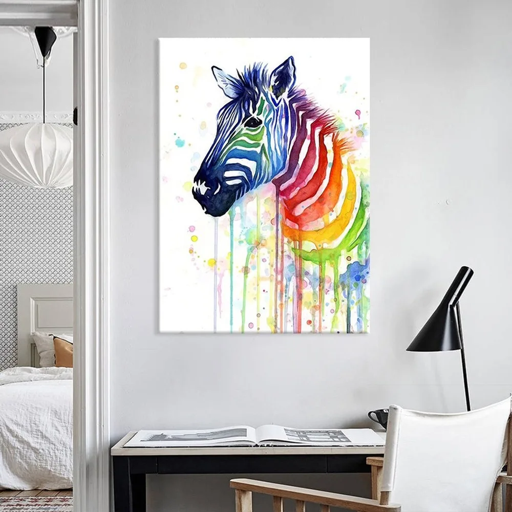

Canvas Painting Rainbow Horse Colorful Watercolor Zebra Abstract Animal Print Poster Home Decor Study Bedroom Hanging Painting