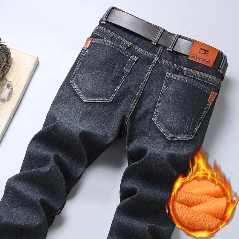 Denim Trousers Brand Male Fit Pants 28-40 Winter New Men'S Plus Fleece Warm Jeans Business Casual Loose Straight Stretch