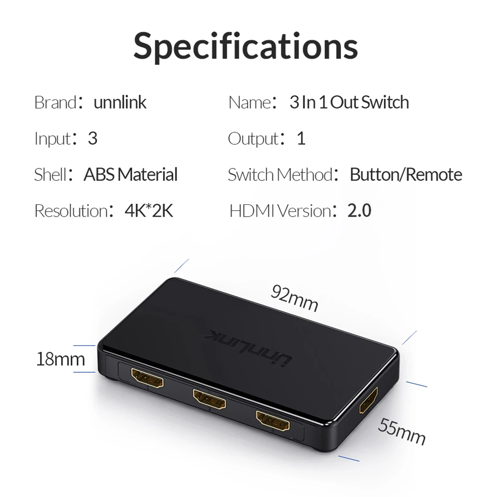 Unnlink HDMI   2, 0  3x1 5x1 UHD 4K 60  4:4:4 HDCP 2, 2 HDR   TV MI Box3 PS3 PS4 Pro
