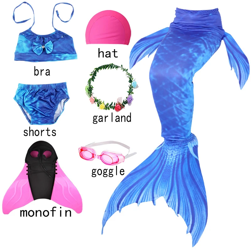 

mermaid tail kids quipment girl mermaid costume dress and shoe set and fins + bra headgear wreath