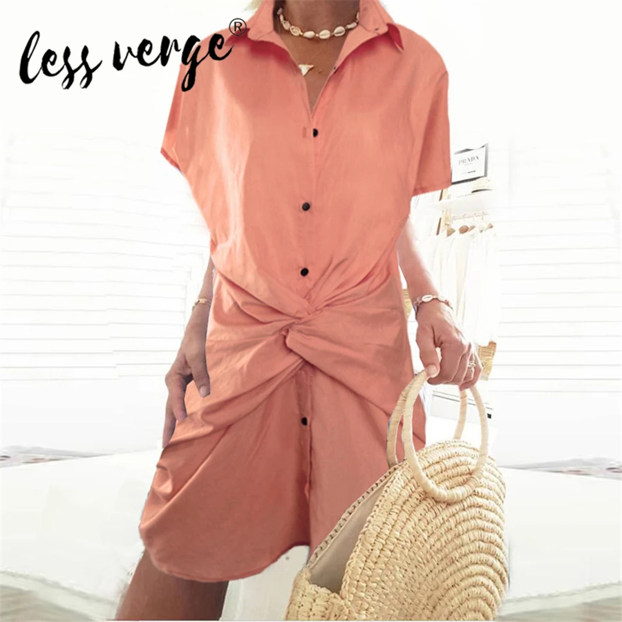 

Lessverge New Fashion Women Dress Striped Shirt Dress Lace Up Casual Short Sleeve Blouse Dress Button Down Summer Dress