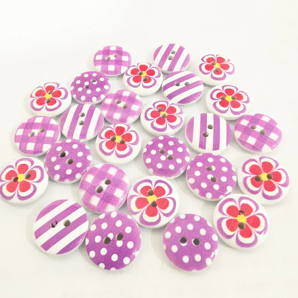 

100pcs Sewing Button 15mm Lilac Dots Stripes Flowers Checks Mixed Wooden Buttons Embellishments For Scrapbooking Cardmaking