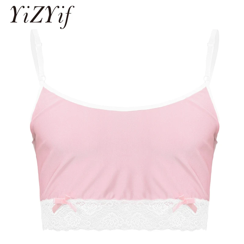 

Men Silky Lingerie Underwear Sexy Adjustable Shoulder Straps Lace Hemline Camisole Vest Crop Tops For Mens Nightwear Sleepwear