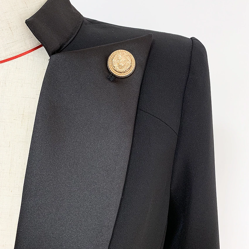 

HIGH STREET New 2019 Designer Stylish Blazer Women's Single Button Lion Button Embellished Satin Collar Blazer Jacket