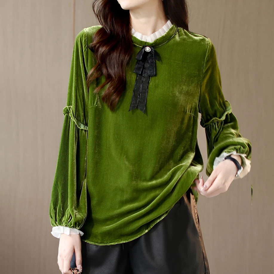 Long-sleeved flocking blouse with wood ears women loose 2021 new silk lace fashion spring and autumn women's clothing