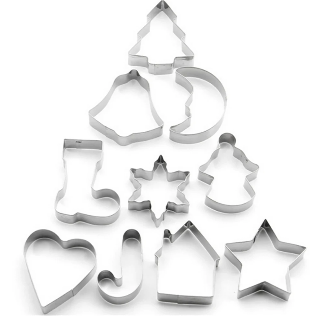 

New 10PCS/Set Stainless Steel Christmas Cookie Cutters Xmas Tree Star House Bells Snowflake Baking Cake Biscuit Fondant Mold