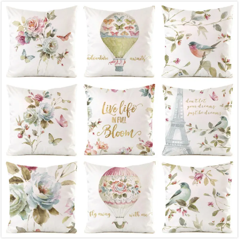 

Watercolor Flowers Birds Pillow Cover 45*45cm Home Decorations Square Waist Cuchion Covers PLA Cool Fiber Polyester Pillowcase