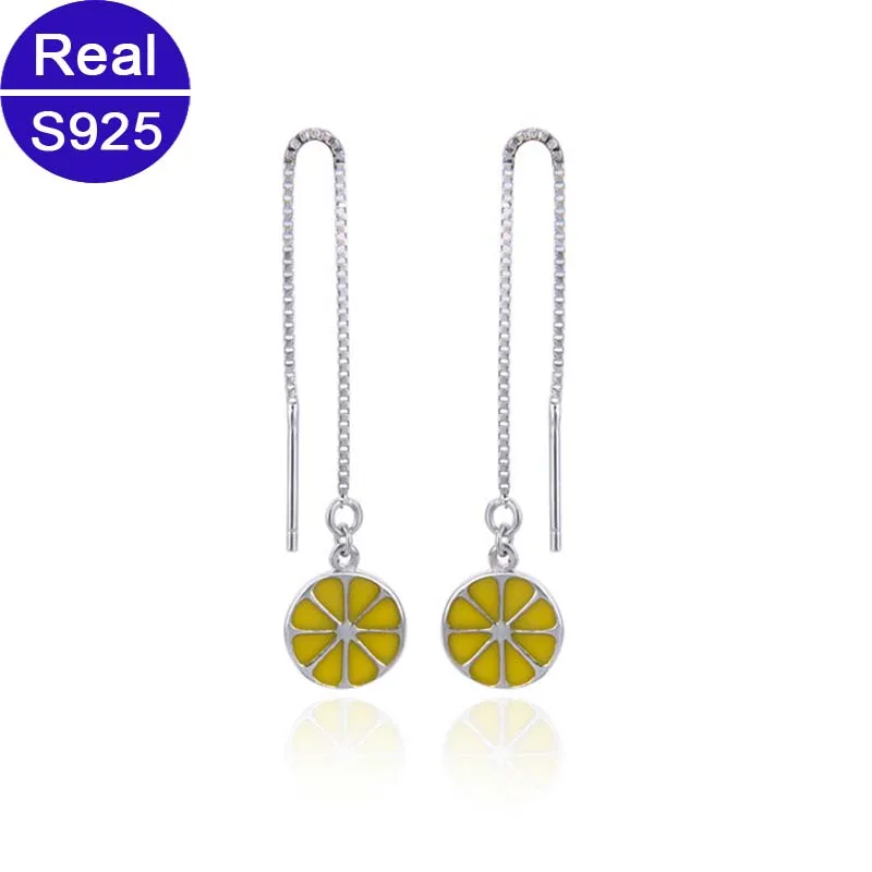 

Fashion Elegant Cute Enamel Lemon Drop Earrings For Women Girls Real Solid 925 Sterling Silver Long Line Earring Fine Jewelry