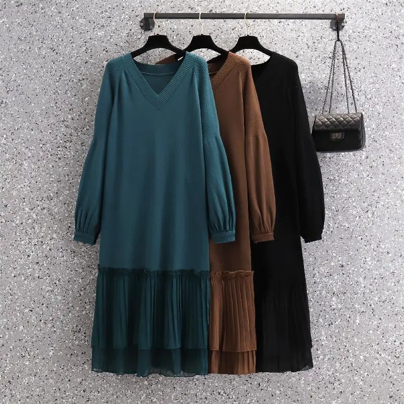 

Женское Свободное длинное платье, однотонное вязаное платье-свитер с V-образным вырезом, плиссированное платье, женское Повседневное плать...