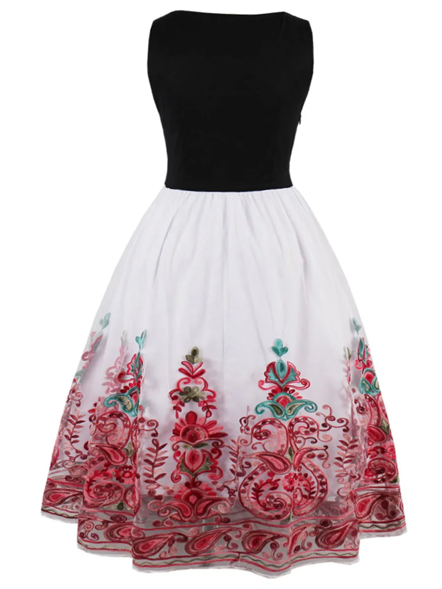 

Sale Women Vintage Dress 1950s Embroidery Floral A Line Swing Sweet Summer 2019 Mesh Patchwork Female Elegant Plus Size Dresses