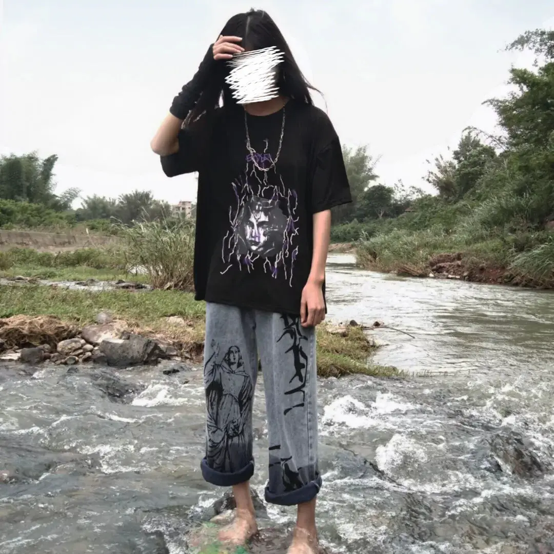 

Women's jeans hip-hop graffiti printed wide-leg pants 2021 new street high-waisted simple mother denim trousers