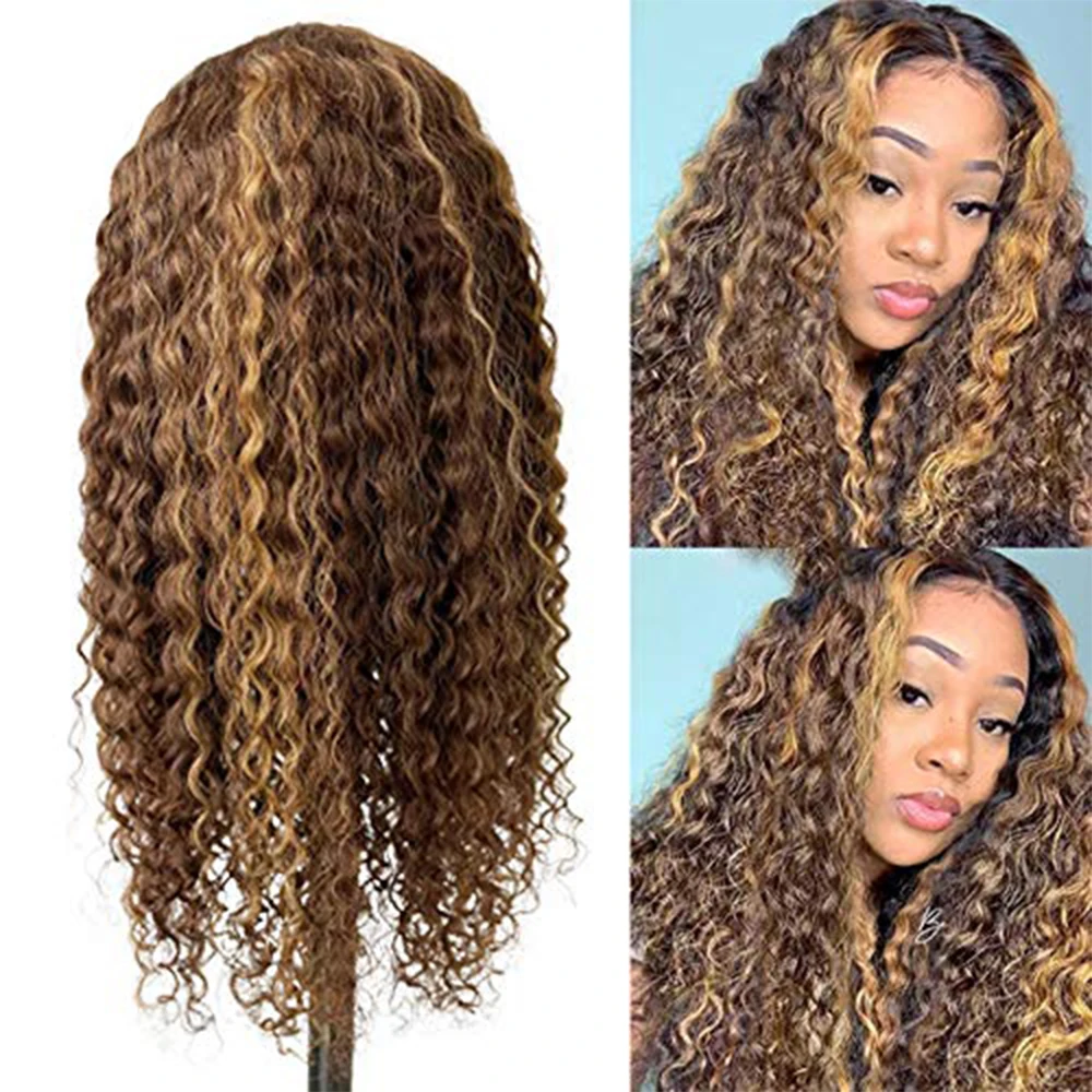 Deep Curly Lace Front Wigs Honey Blonde Highlight to Brown #4/27 Brazilian Virgin Human Hair 13x1 Lace for Women 150% Density