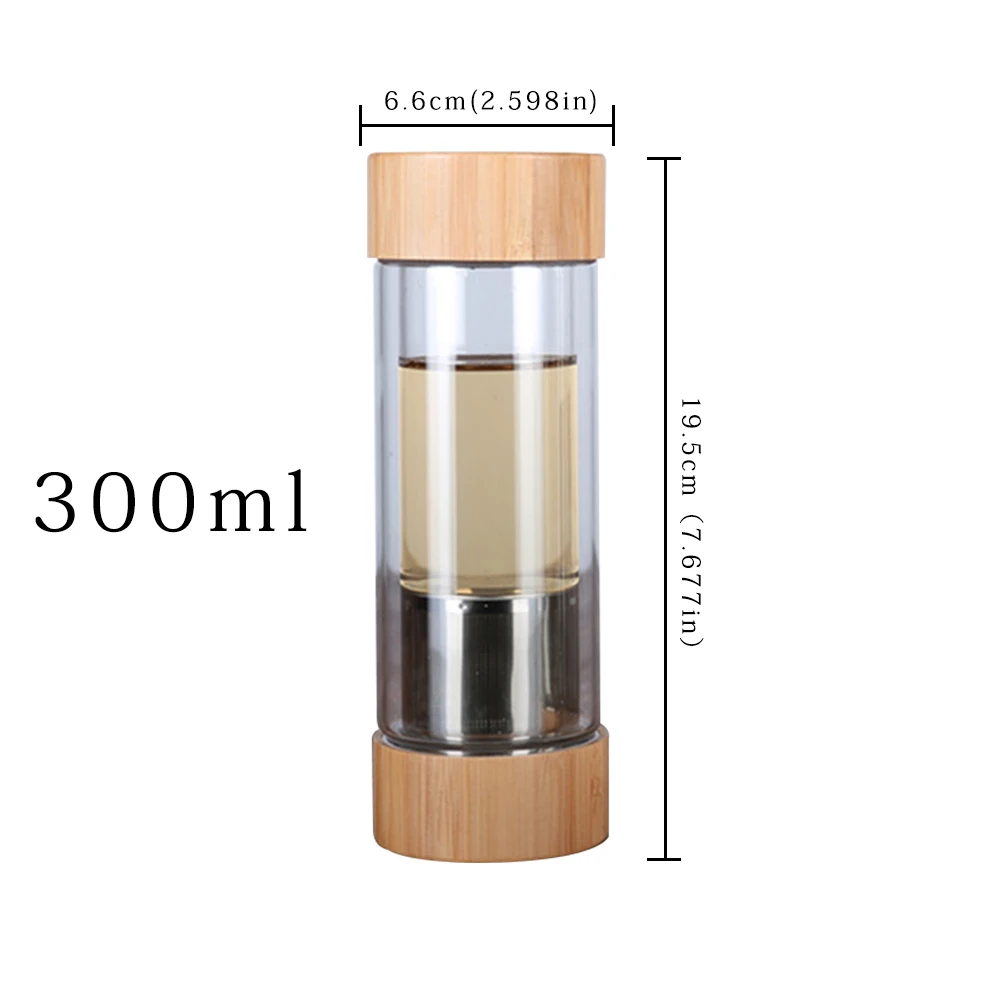 300ml2lid Стеклянная бутылка для чая, бутылка для воды в бутылках, для заварки с фильтром, ситечко из боросиликата, с двойными стенками, для напитков, с бамбуковой крышкой, 450 мл, автомобильная посуда для напитков - Цвет: 300ml2lid