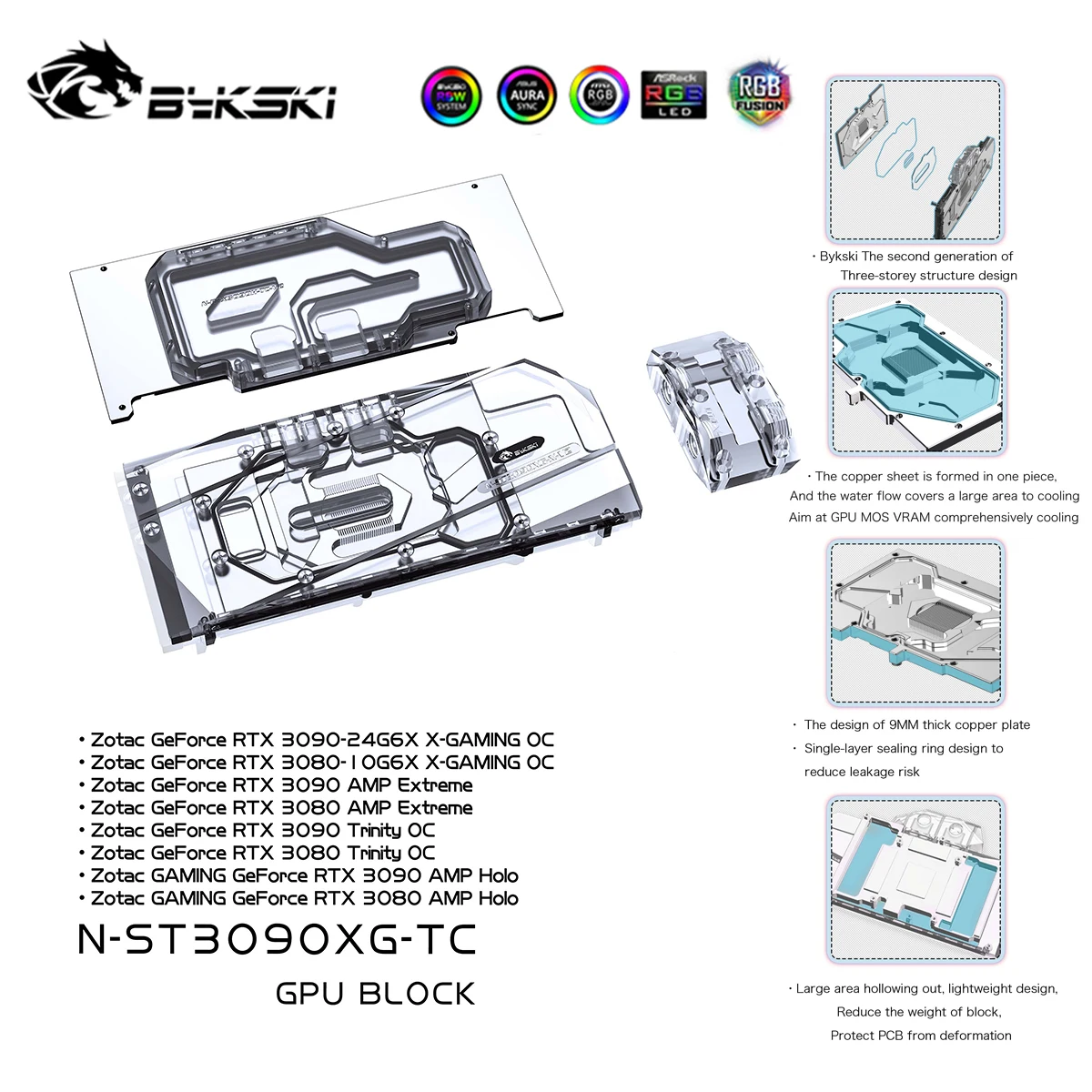 

Bykski GPU Water Block With Active Backplane , Waterway Back Plate Cooler For Zotac RTX 3090 3080 Gaming OC N-ST3090XG-TC
