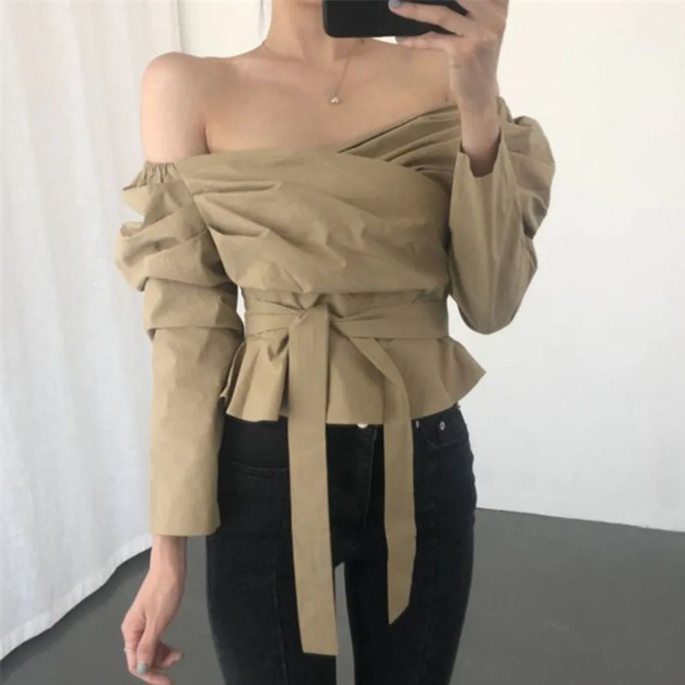 Сексуальная Женская блузка с открытыми плечами весна лето длинный рукав высокая