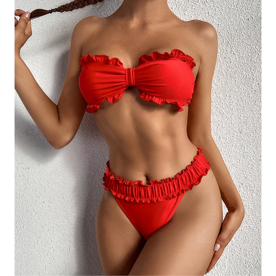 

Sexy Women`s Swimsuit 2021 Bikini Pleated Bandeau Female Swimwear Thong Bikinis Set Bather Swimming Beach Wear for Bathing Suit