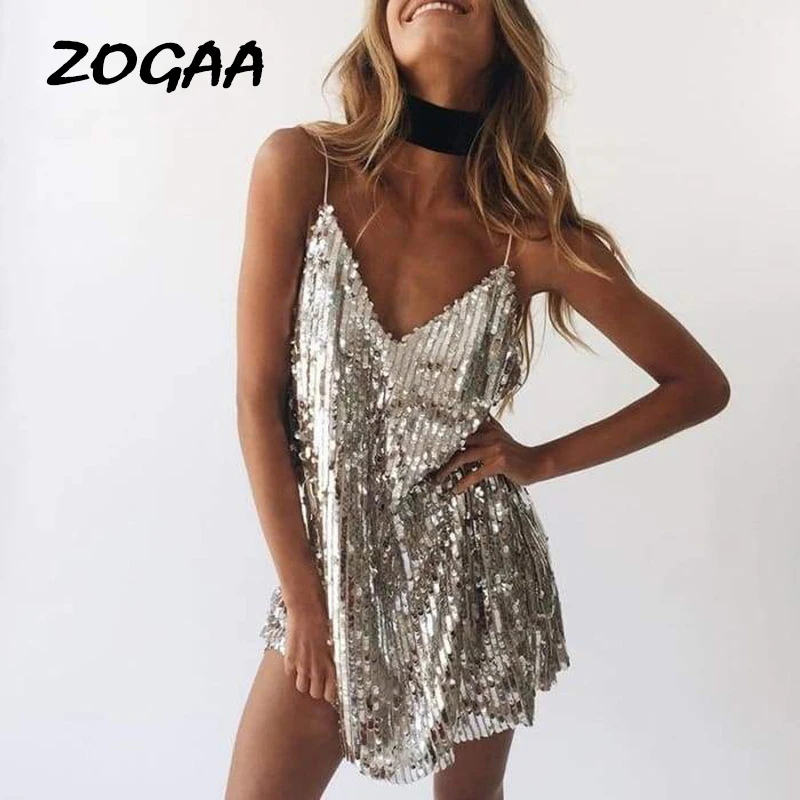 ZOGAA и необычном дизайне! Женское платье с лямкой на шее вырезом низким блестками