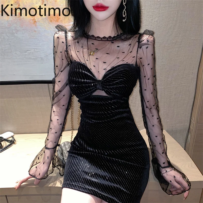 

Пикантное платье Kimotimo, женское корейское шикарное темпераментное Сетчатое сращивающееся дизайнерское прозрачное тонкое платье-топ, вечер...